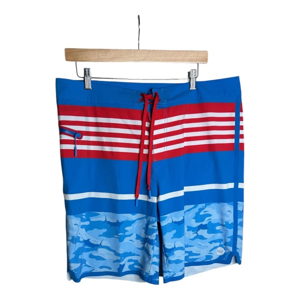 VINEYARD VINES MEN MARLIN‎ CAMO STRIPED BOARD SHORTS RED WHITE BLUE SIZE 36